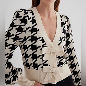 Express Houndstooth V-Neck Bow Cardigan